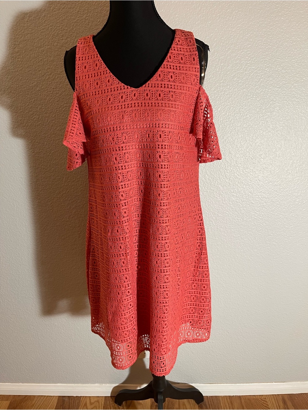 Cold-Shoulder Crochet Mini Dress in Coral